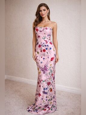 Jovani NWT Floral Strapless Gown SZ 4 Bustier Form Fitting Prom Wedding Guest